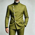 Men's Pinstripe Business Suits Single Breasted Stand Collar Slim Fit Suit Jacket Pants 2 Pieces Formal Tuxedo for Wedding Party
