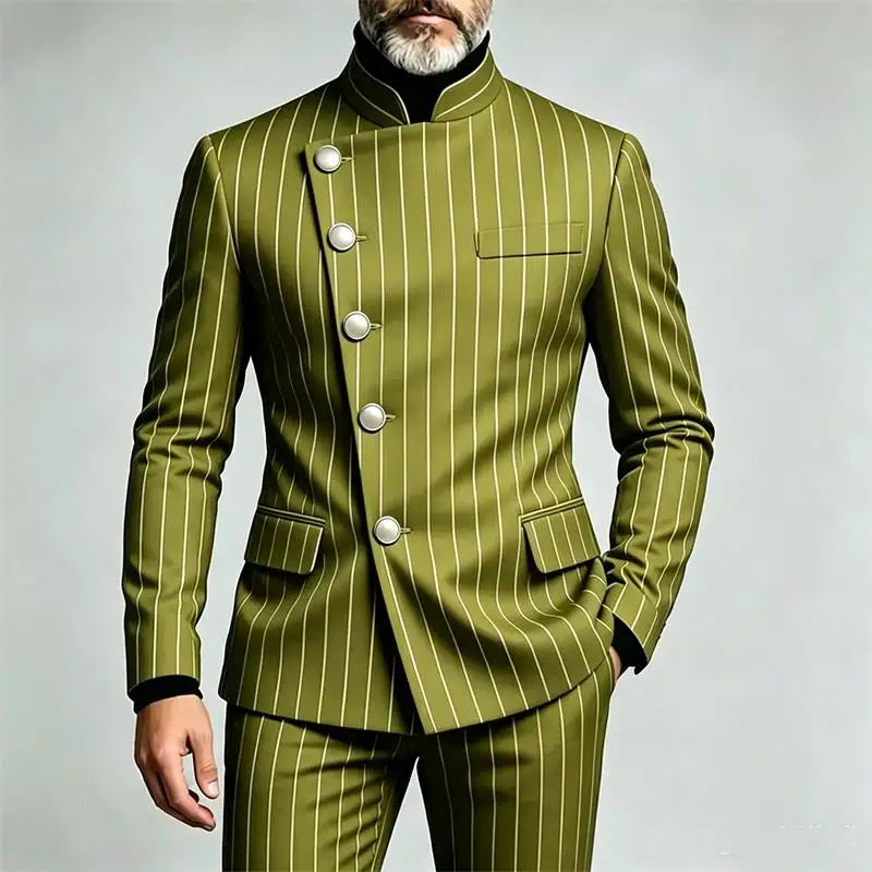 Men's Pinstripe Business Suits Single Breasted Stand Collar Slim Fit Suit Jacket Pants 2 Pieces Formal Tuxedo for Wedding Party