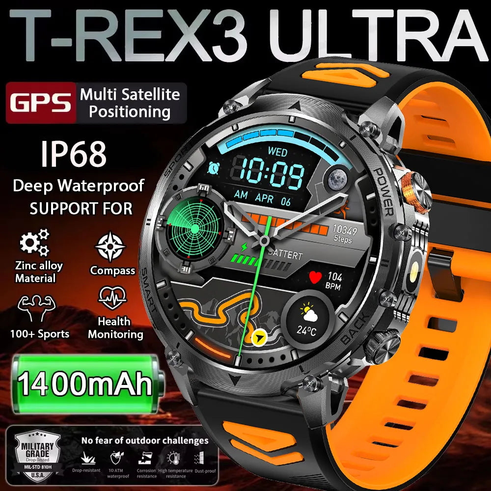 Hot New 1400mAh Big Battery Smart Watch Men Outdoor Flashlight IP68 Waterproof Bluetooth Call AMOLED Military Sports Smartwatch