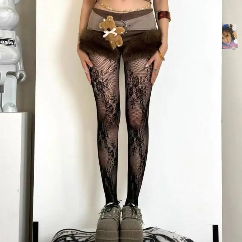 Lolita Sweet Girls Punk Style Floral Tights Colorful Thigh High Stockings Lingerie Women Sexy Hollow Out Mesh Fishnet Pantyhose