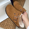 Women's Suede Fleece Lined Clogs with Buckle Warm Winter Mules Slippers Cork Sole Cow Suede Flat with Potato Shoes Beach