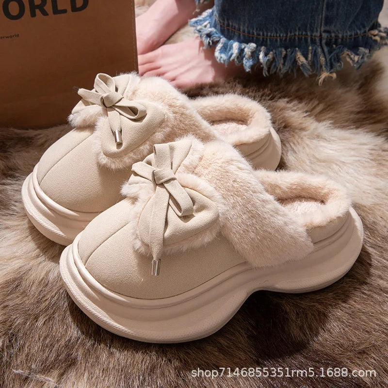Winter Women's Bow Slippers Home Casual Plush Luxury Designer Woman Shoes Wedges Platform Fuzzy Fur Slides Fashion Soft Sole