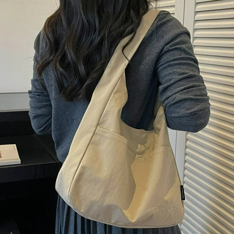 Korean Style Canvas Handbag for Women Large Capacity Lightweight Shoulder Underarm Bag Casual Multi-pocket Tote Commute Bag