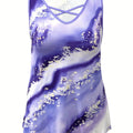 Plus Size Marble Print Tank Top Casual Criss Cross Sleeveless V Neck Top For Summer & Spring Women's Plus Size Clothing