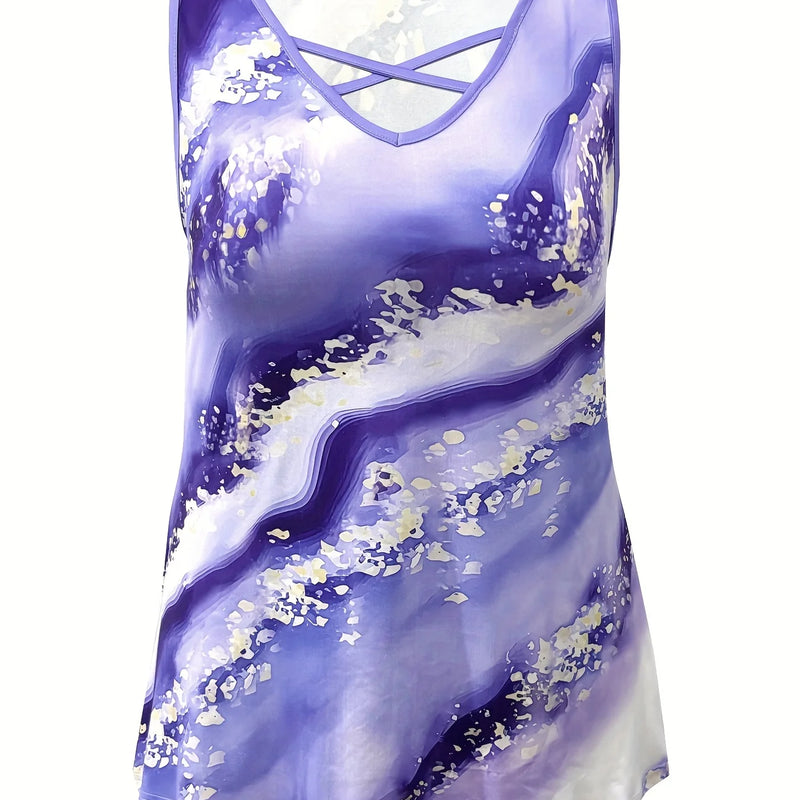 Plus Size Marble Print Tank Top Casual Criss Cross Sleeveless V Neck Top For Summer & Spring Women's Plus Size Clothing