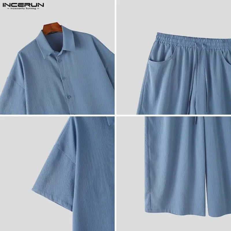 INCERUN Men's Sets Solid Lapel Short Sleeve Shirt Pants | SAMAG