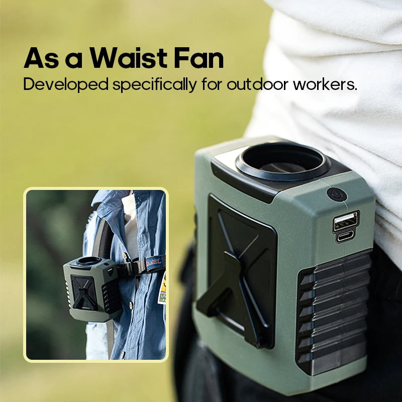 Mini 8000mAh Travel Wearable Waist Fan Camping Outdoor Rechargeable Cooling Fan With Night Light and Power Bank Air Circulator