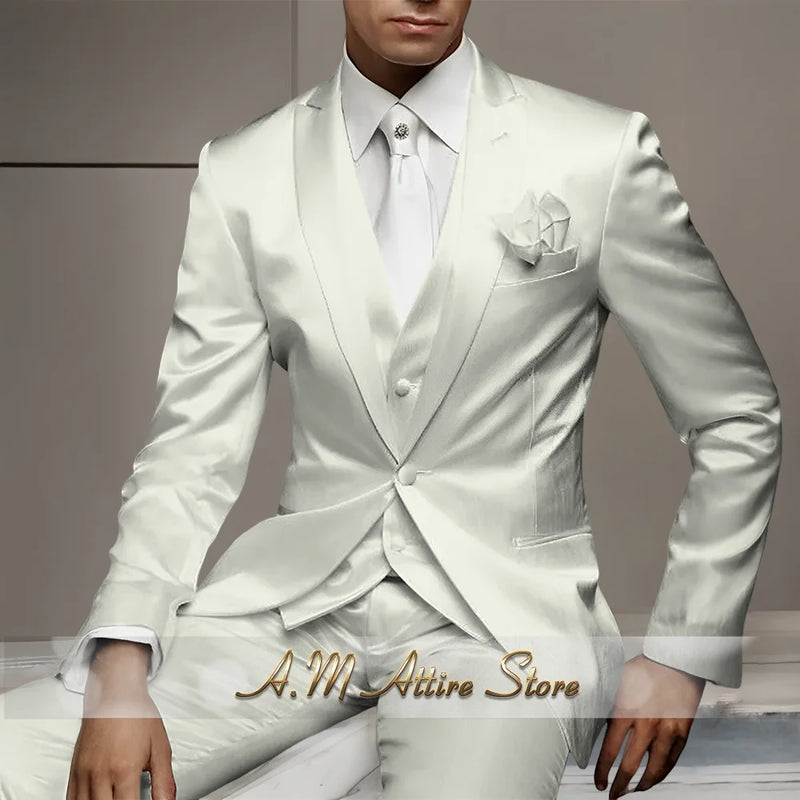 Men's Wedding Party Suits 3 Piece White Satin Mikado Jacket Vest Pants Set for Summer Banquet Party Father Gift Tailored Fit