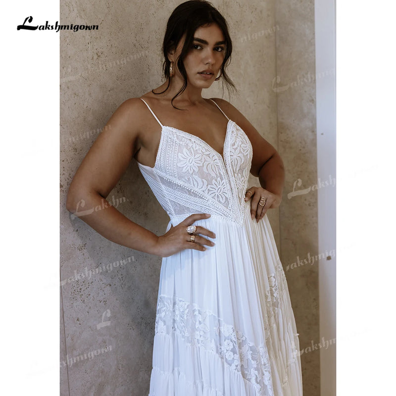 Romantic Thin Strap V Lace Boho Wedding Dress Chiffon - View 4 | SAMAG