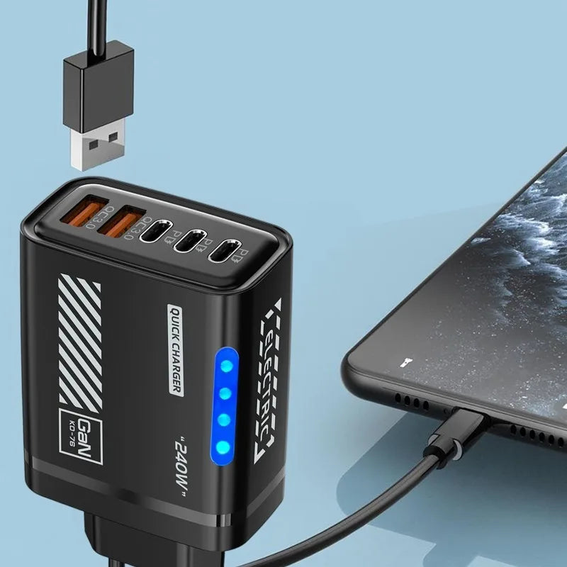 240W 5 in 1 GaN Desktop Charger Fast Charging Adapter 10A USB To TypeC Cable 3PD 2 USB Charger For IPhone Samsung Laptop