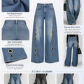 Women High Waist Wide Leg Jeans, Side Cutout Eyelet Rivet Denim Pants Loose Fit Hollow Out Flared Trousers Streetwear Fashion Baggy Jeans with Pockets