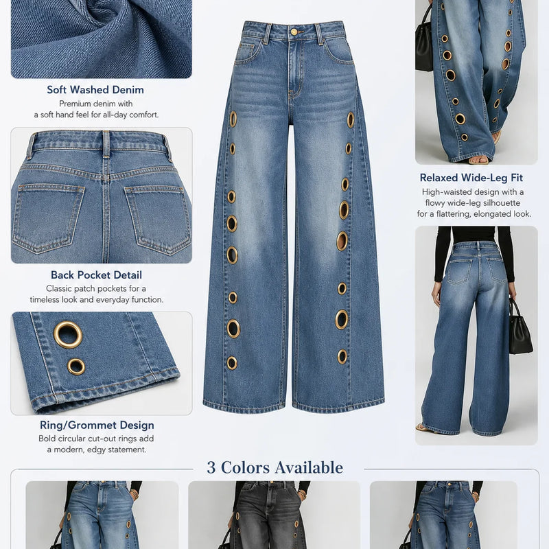 Women High Waist Wide Leg Jeans, Side Cutout Eyelet Rivet Denim Pants Loose Fit Hollow Out Flared Trousers Streetwear Fashion Baggy Jeans with Pockets