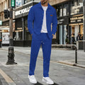 Men's New Style Waffle Plain Color Collar Button - Down Pockets Long - Sleeved Pants Casual Jacket Set | SAMAG