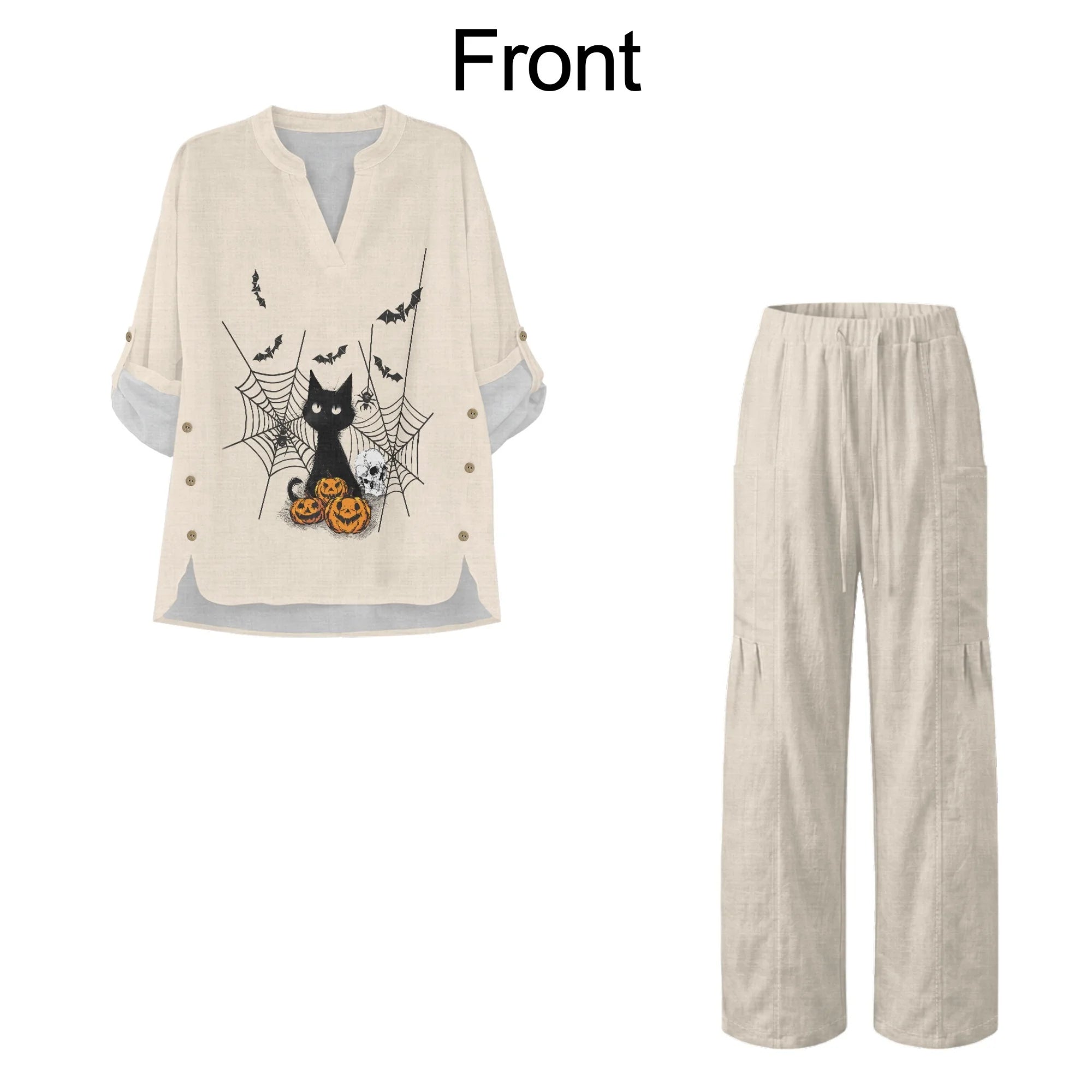 INSTANTARTS Traf 2026 Halloween Women's Matching Sets Blusas Elegantes De Mujer Tendencia 2026 Shirt and Wide Leg Pants Set