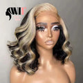 WIF Blonde Highlight Black Bob Wig Body Wave Short Bob Heat Resistant Synthetic Lace Front Wig Women Cosplay Use Daily Bob Hair