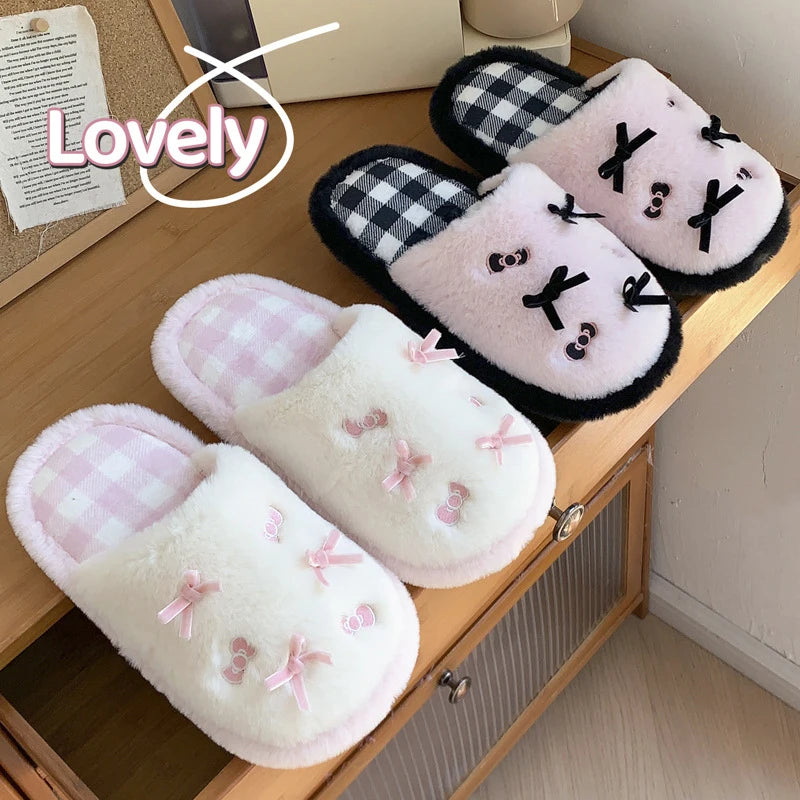 Bow Fluffy Women's Home Slippers Winter Luxury Designer Woman Shoes Fashion Plush Indoor Flats Cartoon Casual Fuzzy Fur Slides