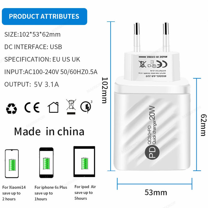 PD 20W USB C Charger Fast Charging Type C Wall Charger For iPhone 14 Samsung Xiaomi Huawei Digital Display Phone Charger Adapter