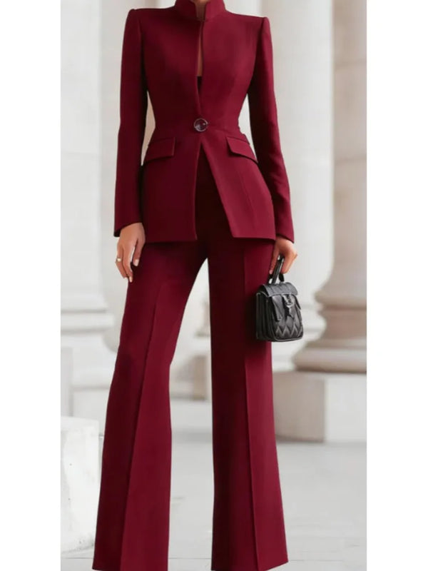 Elegant Women Solid Slim Two Piece Sets Spring Fashion Stand Collar Long Sleeved Blazer+Pants Suit Casual Work Office Coat Set