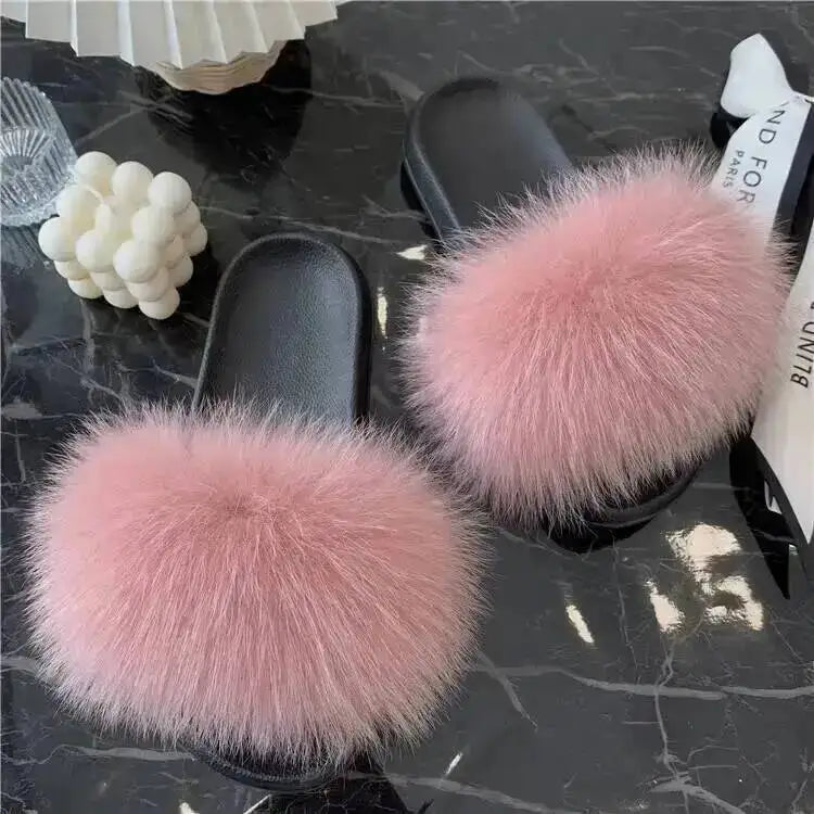 Women Real Raccoon Fur Slides Fluffy Luxury Furry Open Toe Slippers Indoor Outdoor Summer Sandals Non Slip Soft Comfy Sole Cozy