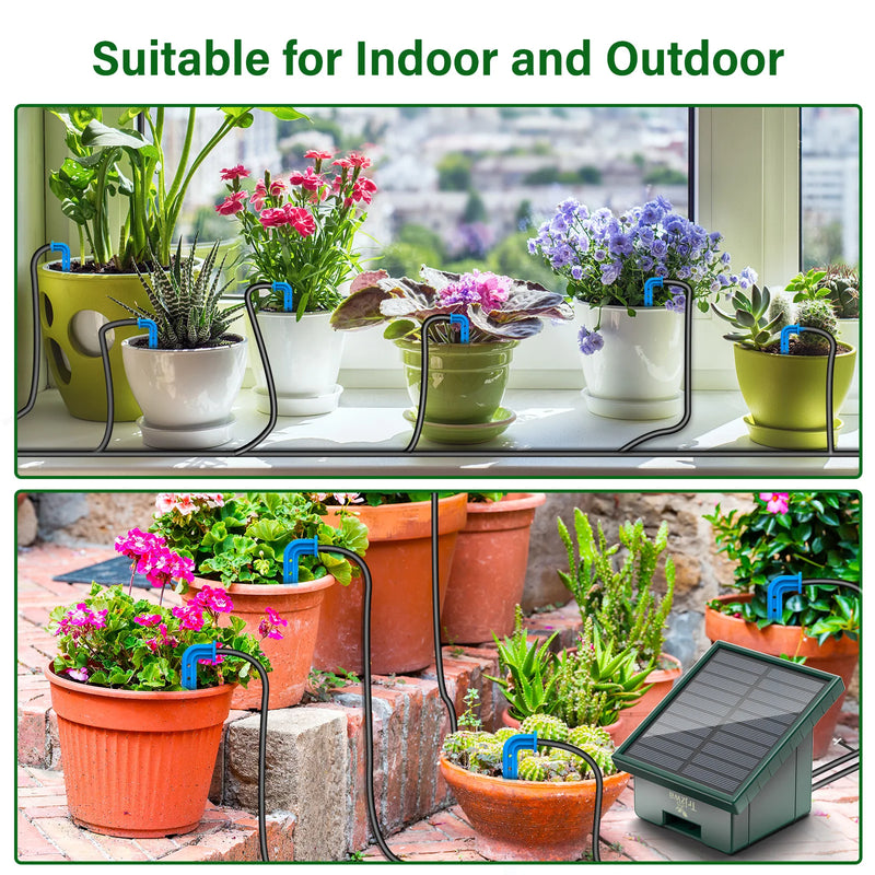 Solar Drip Irrigaton System,  Automatic Watering System with 300 Watering Programmes, Garden Watering Kit with 10M Hose&10 Drip Tips etc, Suitable for Vegetables/Potted Plants/Fruit Trees