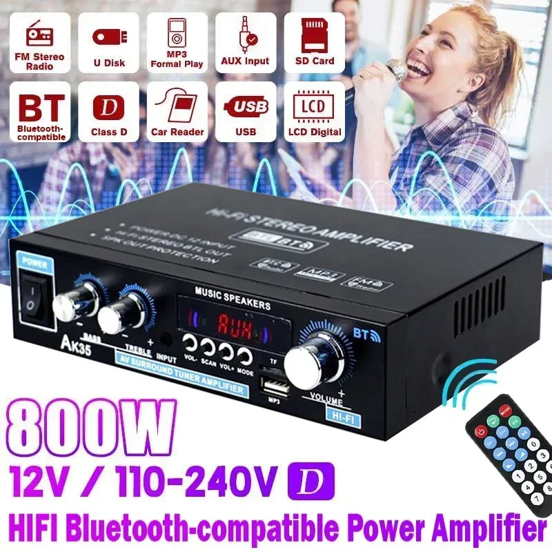 AK35 800W Home Car Amplifiers 2 Channel bluetooth 5.0 Surround Sound FM USB Remote Control Mini HIFI Digital Amplifier Stereo