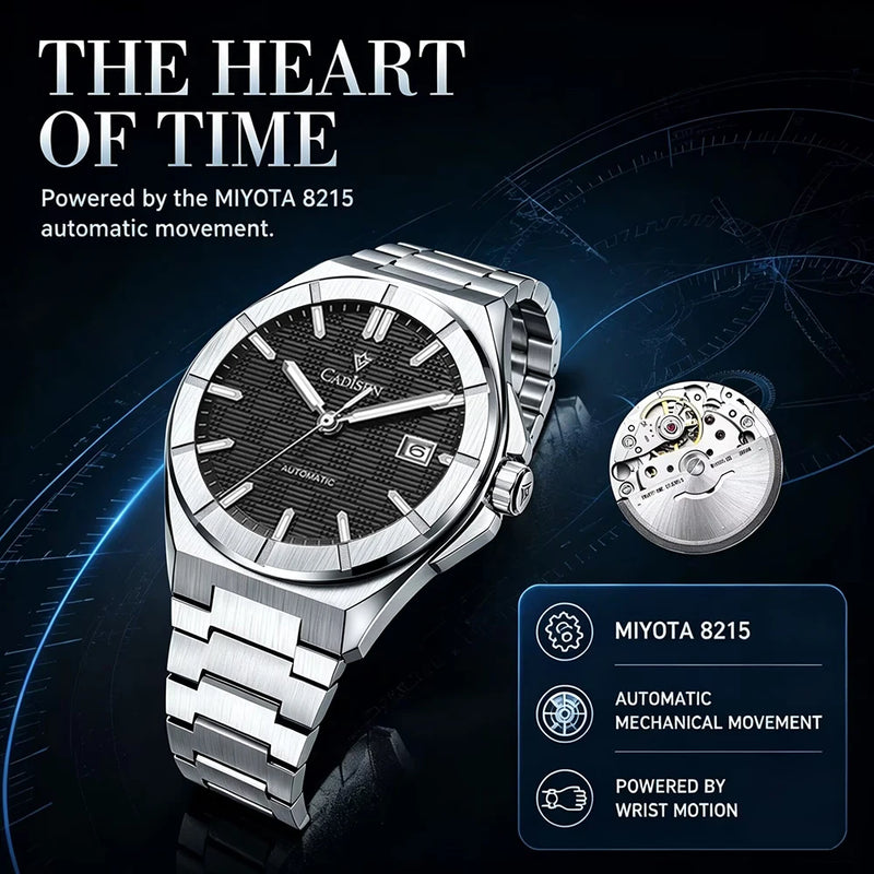 CADISEN Watch Business Automatic Watches Mens Japan 8215 Mechanical Luminous AR Sapphire 100M Waterproof Calendar WristWatch+Box
