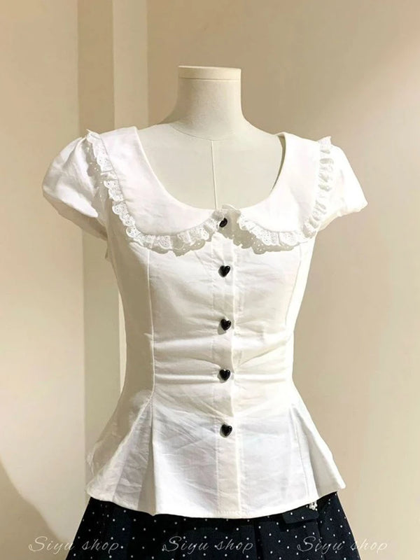 White Slim Sweet Shirt Women Puff Sleeve Cute Preppy - View 4 | SAMAG