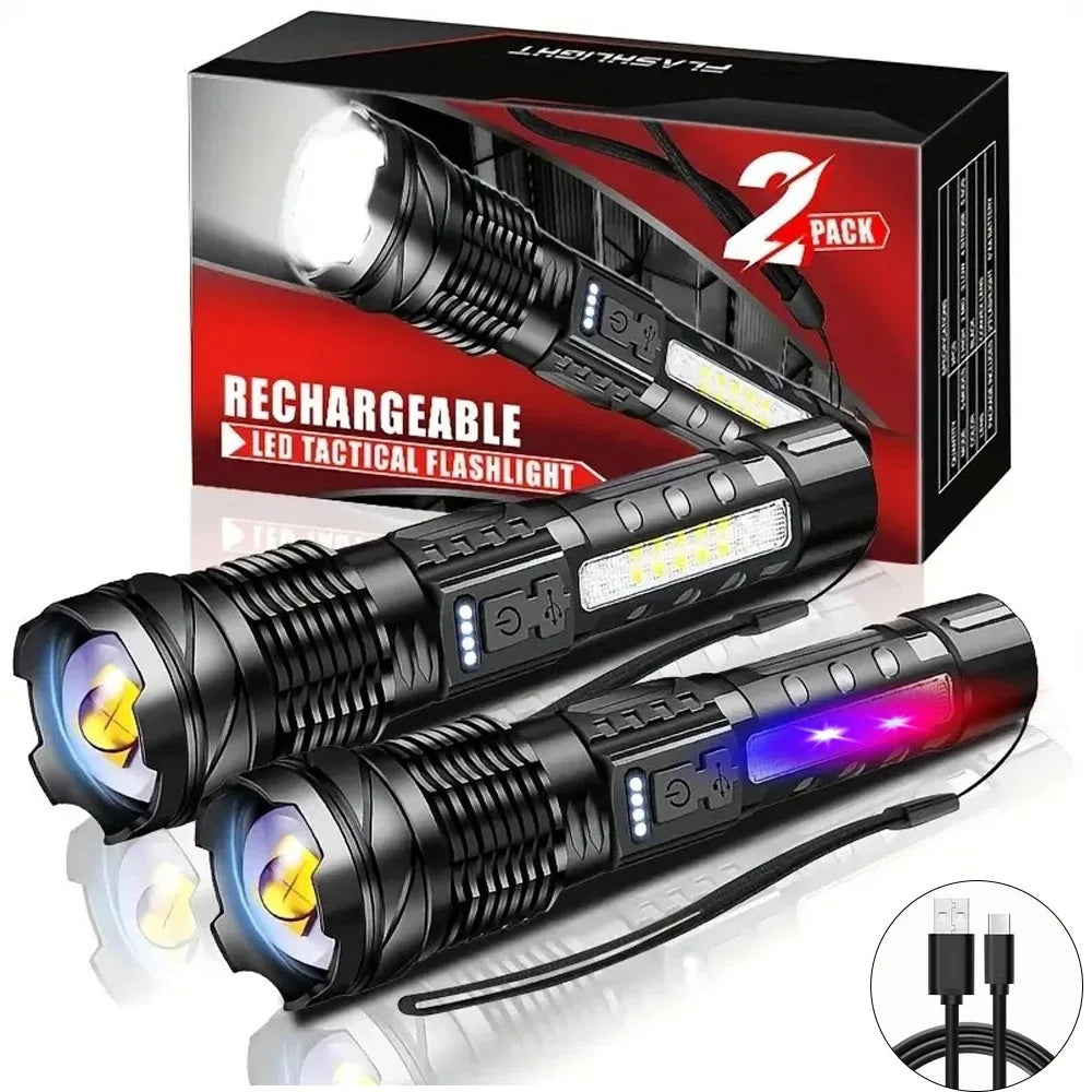 Powerful XHP50 LED Flashlight 18650 Torch Waterproof with Side Light 7 Modes USB Rechargeable Zoom Lamp for Camping Fishing
