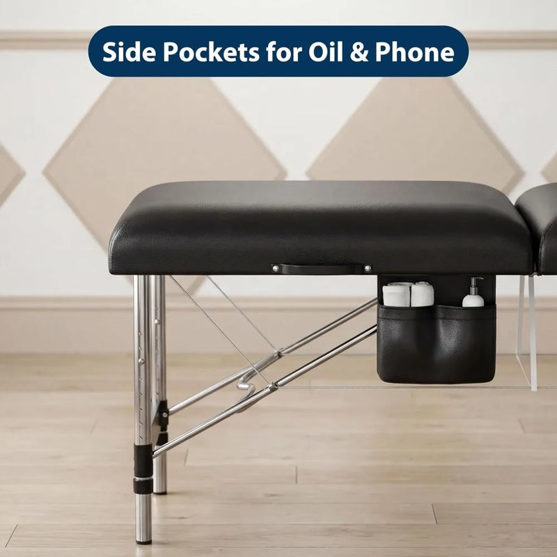 Massage Table Portable, 2-Fold Lash Bed with Side Pocket, Adjustable Height, Sturdy Aluminum Frame, Esthetician Spa Facial