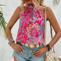 New Elegant Women's Summer Tank Tops Casual Floral Print Top Vacation Pleated Halterneck Sleeveless Camisole Shirt