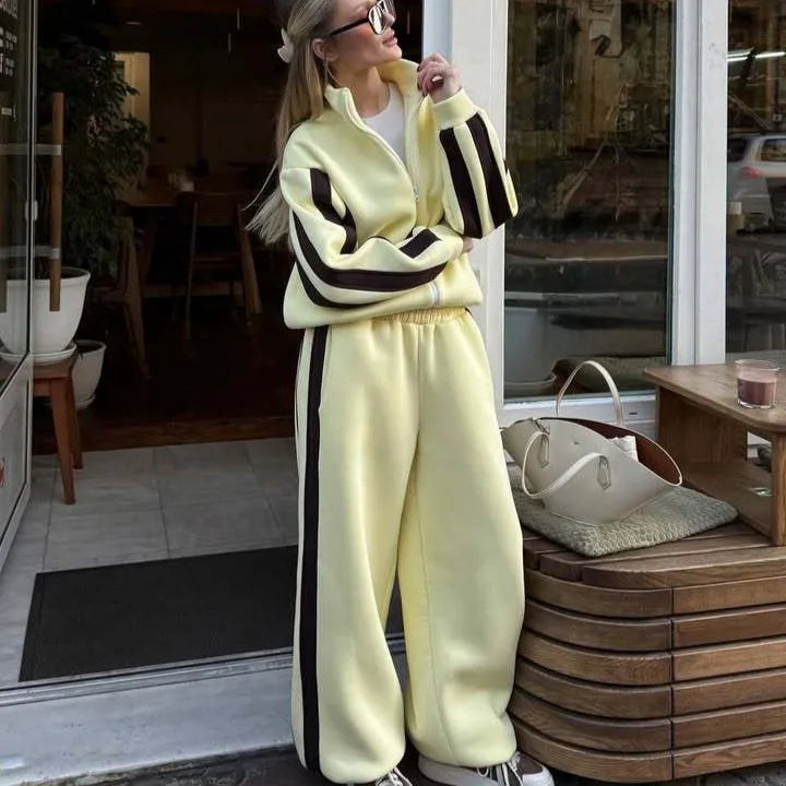 Women's Fashion Cotton Sport Tracksuit With Casual Pant Stripes Zipper Hoodies Cardigan High Waist Trouser 2 Piece Autumn Outfit