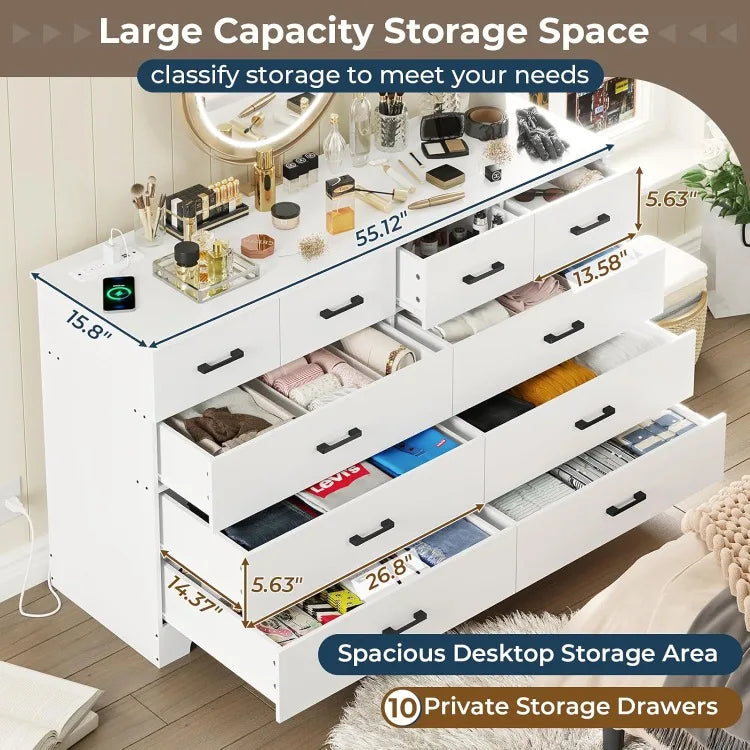 White Dresser 10 Drawers Chest Storage Organizer TV Stand Power Outlets Bedroom Living Room, Customized
