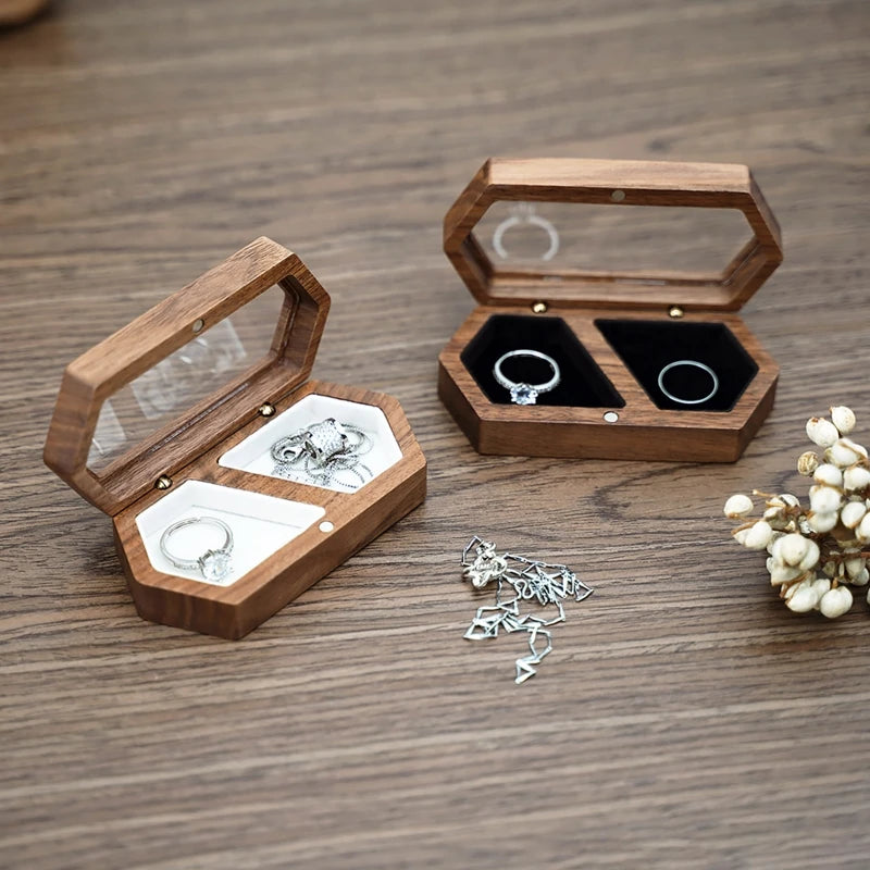 Jewelry Presentation Box Travel for Case Walnut Wood Engagement Ring Box Earring Stud Holder for Ceremony Wedding Propos