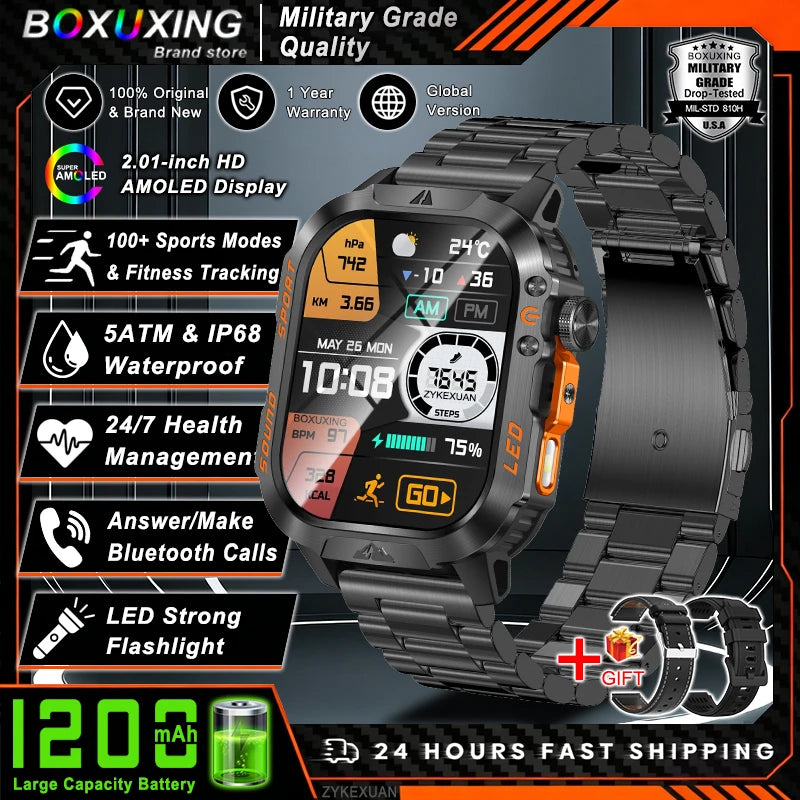 2026 New 1200 mAh Battery Military Smartwatch Men 5ATM Waterproof Fitness Tracker Health Heart Rate Smart Watch For iOS Android