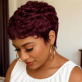 Short Pixie Cut Human Hair Wig 6inch Full machine made wig Remy Human Hair, Burgundy 99J Color Layered Wigs for Women