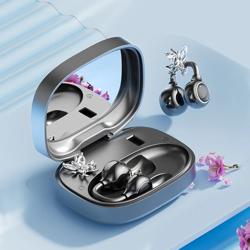 Bluetooth 6.0 Open-Ear Headphones with Makeup Mirror, Detachable Diamond Audífonos, 20Hz Bass Earphones for Women & Girls