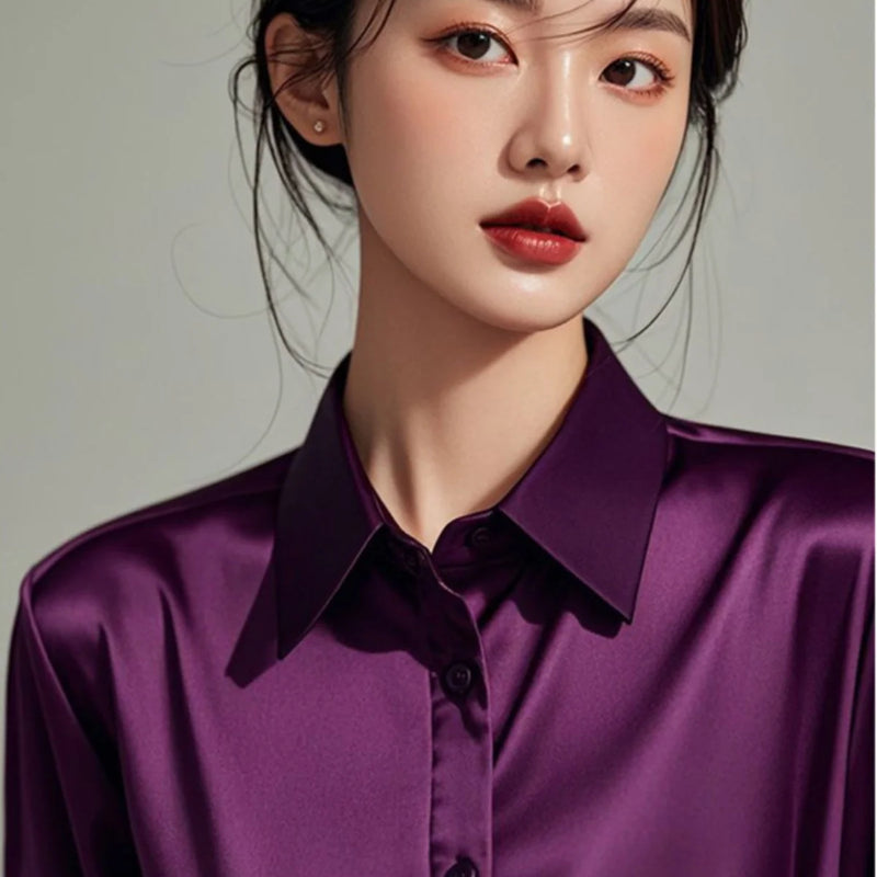 Ele Purple Silk Satin Long Sve Women's irt Profional Faionable Commuting Sle Autumn New Arrival Loose Fit Pol...
