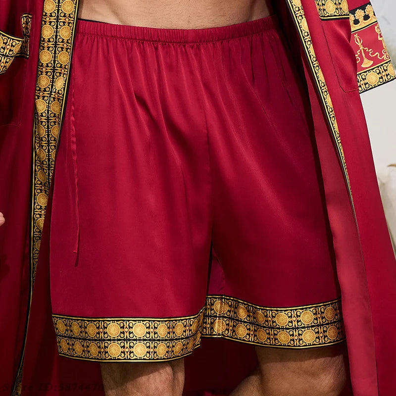 Men's Long Robe Pajamas Set Baroque Style Bathrobe Kimono Shorts Pijamas Spring Summer Sleepwear Home Clothes Satin Loungewear