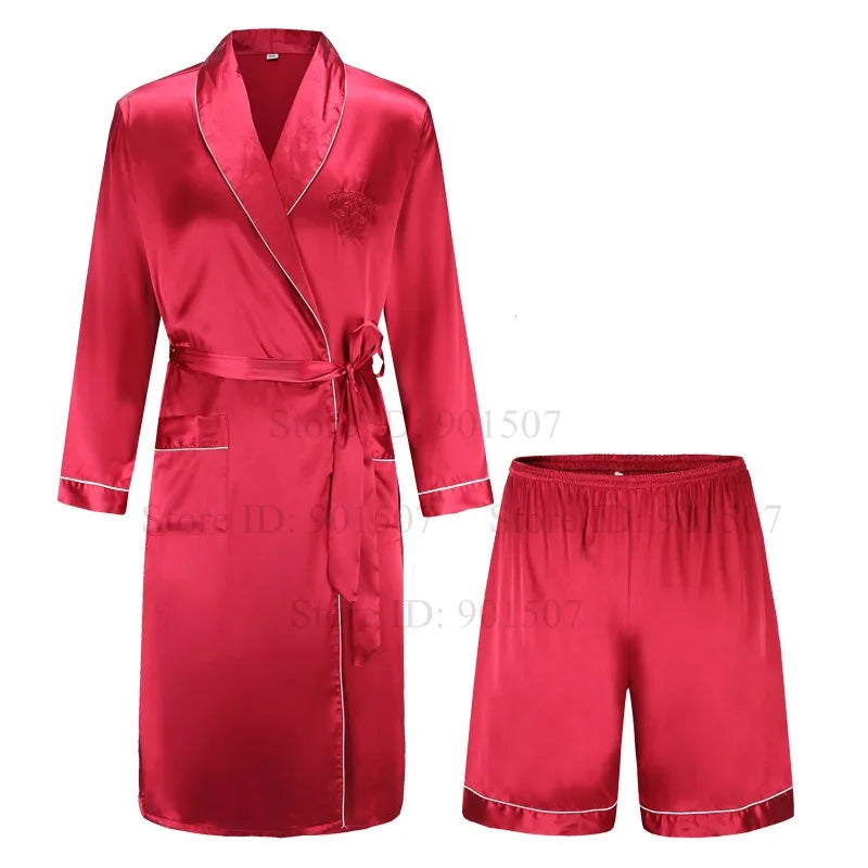 Spring Autumn Male Robe 3PCS Sleepwear Set Ice Silk Kimono Bathrobe Gown Loungewear Loose Casual Satin Homewear Nightwear 3XL