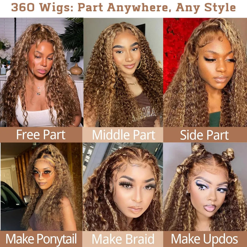 360 Full Lace Wig Human Hair Pre Plucked HD Invisible Drawstring Brazilian Skinlike Pre Cut Transparent Lace Highlight Deep Wave Frontal Wig For Women