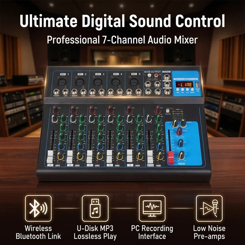 NXG F7 Professional Audio Mixer, 7-Channel Sound Console, Alloy Black, with USB Playback, PC Recording, XLR Mic Jack, RCA, for Live Streaming