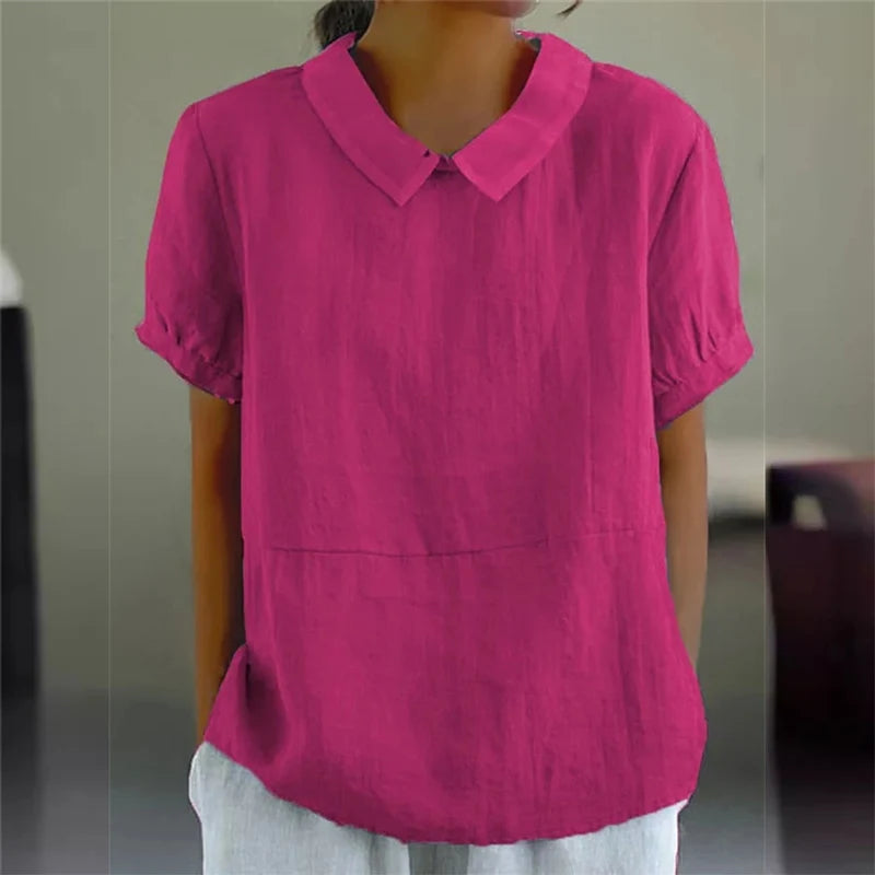 Solid Color Cotton Linen Lapel Pullover Shirt Women - View 5 | SAMAG