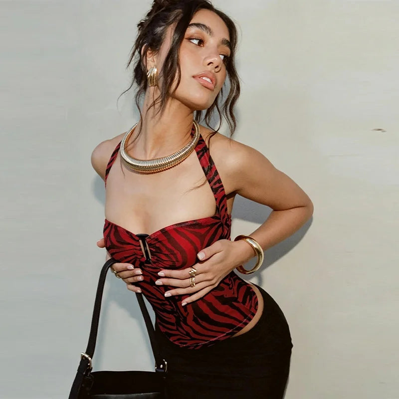 Women Summer Halter Tank Top Obsession Horror Movie Inspired Cosplay Costume Trendy Zebra‑Stripe Print Sexy Sleeveless Crop Top