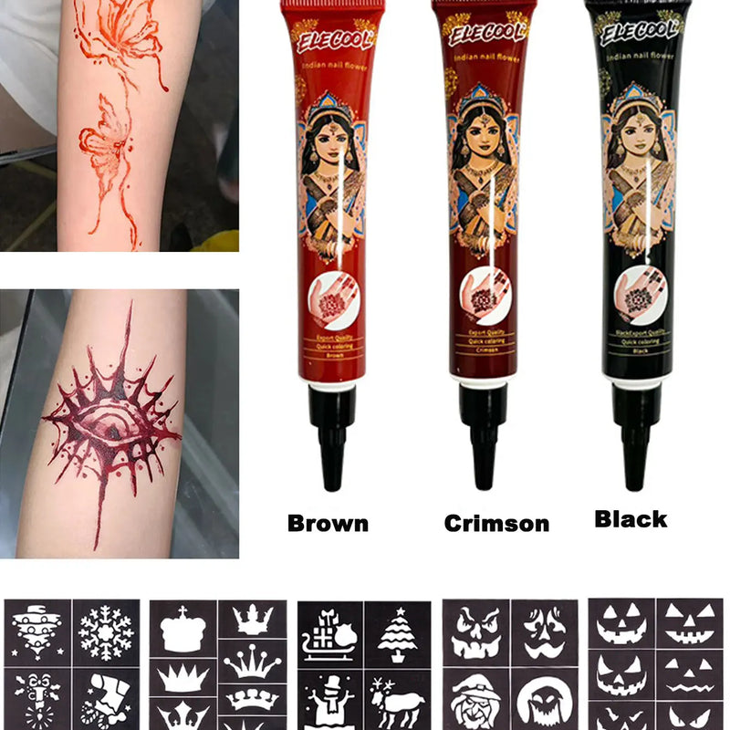 3 colors Natural Herbal Henna Cones Temporary Tattoo Body Art Paint Mehandi Ink gift，36PCS Temporary tattoo template