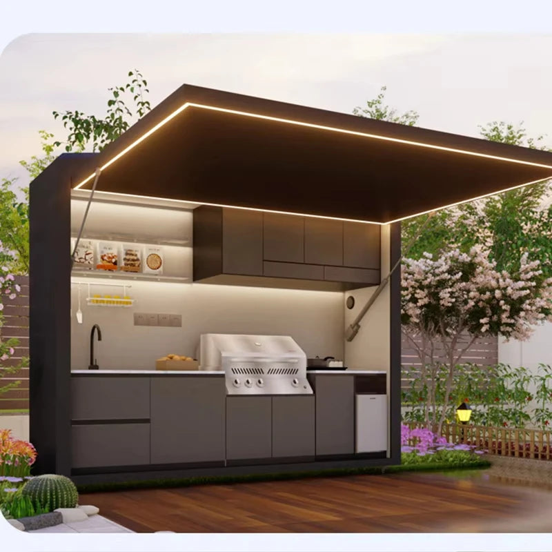 Customized Garden Kitchen with Modular Cabinets and Grill Island Outdoor Kitchen Cabinets Aluminum casing LED light