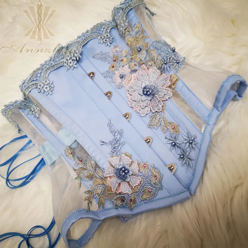 Annzley Sexy Bustier And Corset Fairy Blue Lace Trim Mesh Underbust  Corset For Waist Slimming