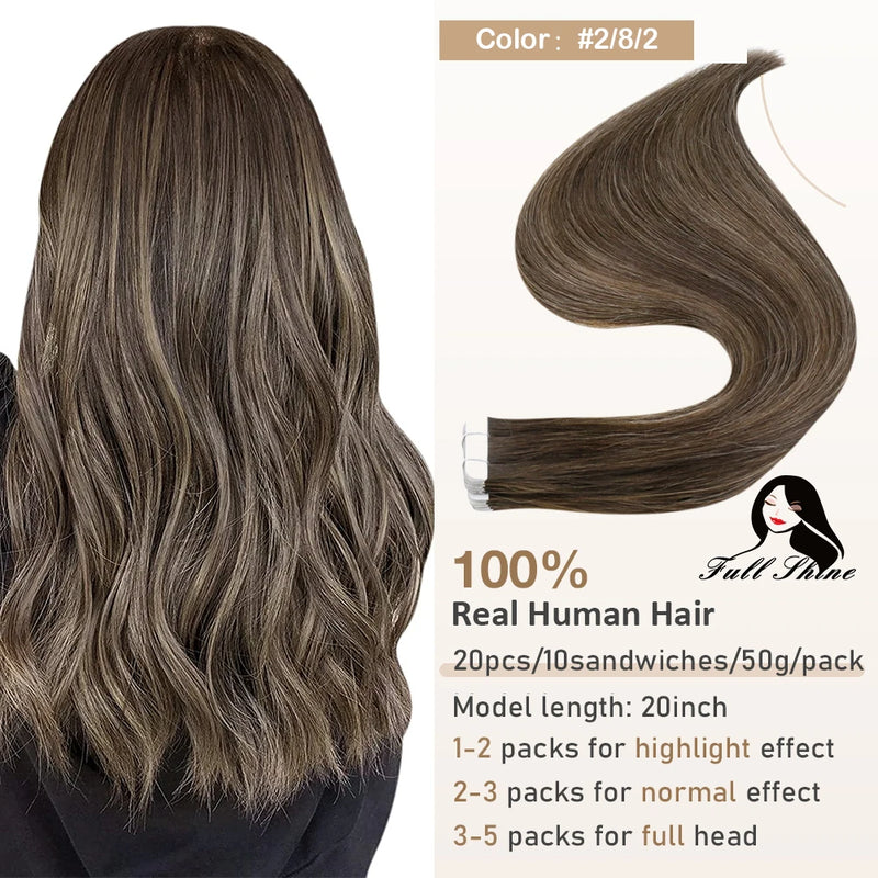Full Shine Tape In Hair Extensions Human Hair 100% Remy Natural Human Hair Seamless Skin Weft Seamless Color Glue For Women