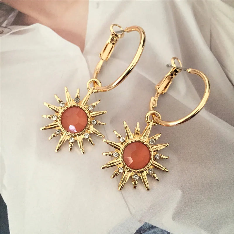New Design High Quality Hoop Earrings Gold Color Colorful Stone Sun Shape Hoop Earrings for Trendy Women Modern Fashion
