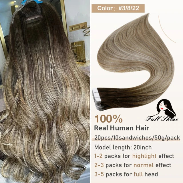 Full Shine Tape In Hair Extensions Human Hair 100% Remy Natural Human Hair Seamless Skin Weft Seamless Color Glue For Women