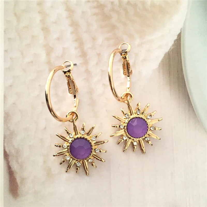 New Design High Quality Hoop Earrings Gold Color Colorful Stone Sun Shape Hoop Earrings for Trendy Women Modern Fashion